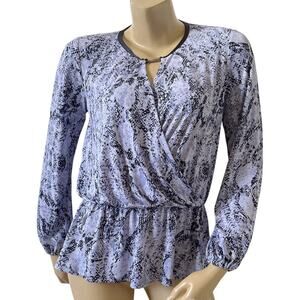 Ellen Tracy Petite PM Animal Print Wrap Blouse Keyhole Neck Long Sleeve